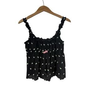 Victoria’s Secret Black Mesh Rosette Babydoll Style Top Coquette Princess L